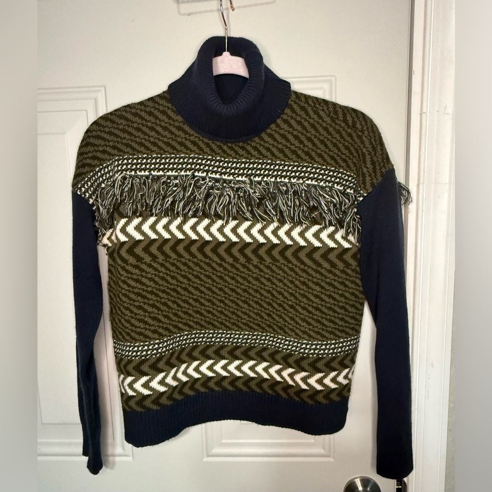 Olive Navy 100% Wool Turtleneck Sweater Fringe Fair Isle Pattern Size S